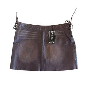 Vintage Pigalle Brown 100% Genuine Leather Lace Up Mini Skirt Women's Size 8 NWT